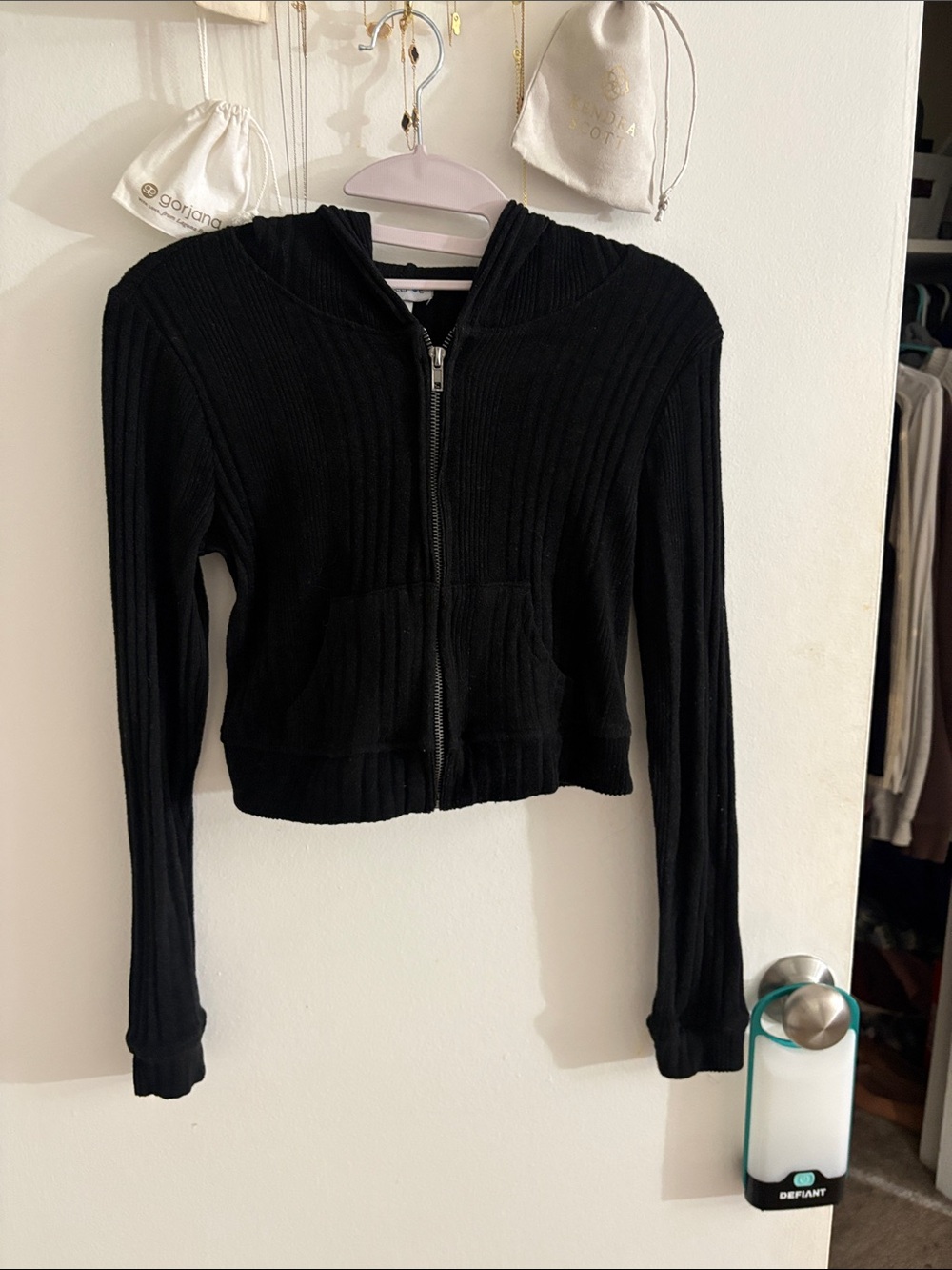 Gorjana Black Ribbed Zip-Up Cropped Hoodie